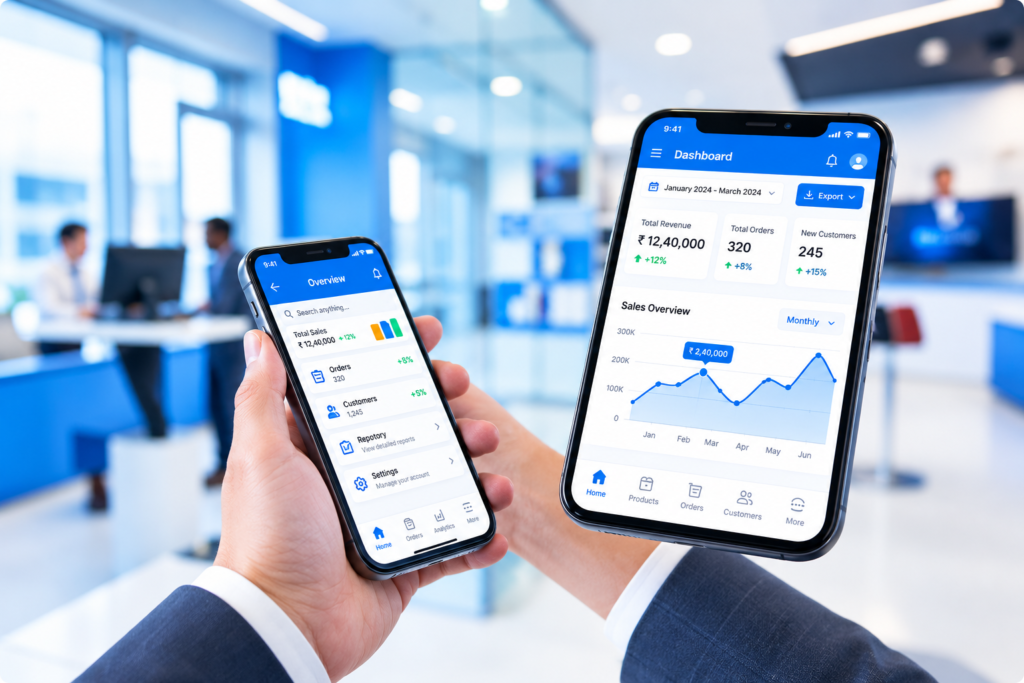 Mobile business applications displaying real-time dashboards and analytics on smartphones