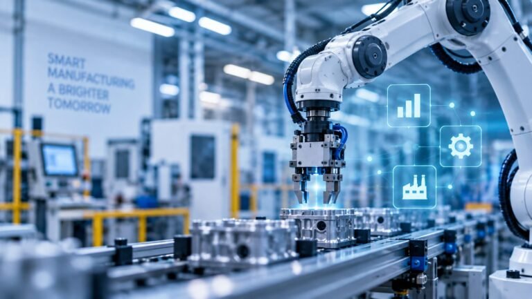 Smart manufacturing factory with robotic automation and connected systems